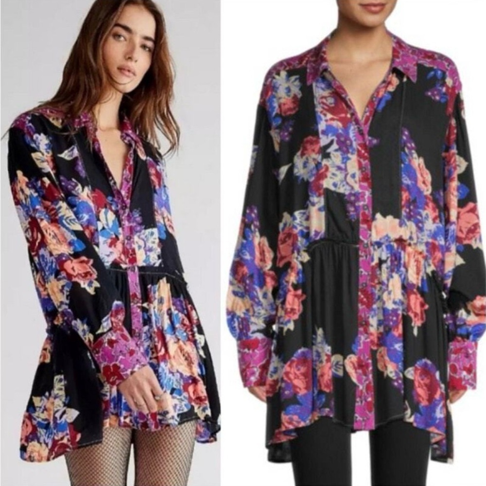 Free People Brunch A Bunch Floral Tunic Top Women’s Small Oversized Boho Hippie